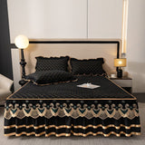 Green and Gold European Soft Brushed Quilted Bed Skirt + 2 Pillowcases Set - Breathable Padded 180 x 220CM Mattress Cover with Lace Trim and 45CM Elevated Valance, All Season Dust Protection In Australia - Darrahopens