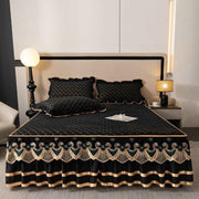 Green and Gold European Soft Brushed Quilted Bed Skirt + 2 Pillowcases Set - Breathable Padded 200 x 220CM Mattress Cover with Lace Trim and 45CM Elevated Valance, All Season Dust Protection In Australia - Darrahopens