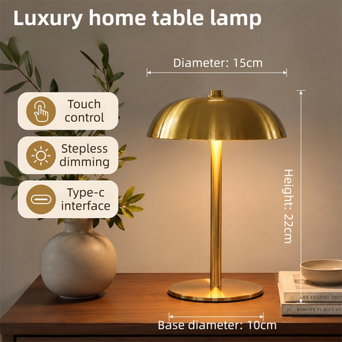 Gold Metal Mushroom Table Lamp with Top Touch Control, 3 Colour Mode & Stepless Dimming - USB-C Rechargeable Night Light, Stable Base and High-Transmittance Shade for Bedside and Dining In Australia - Darrahopens