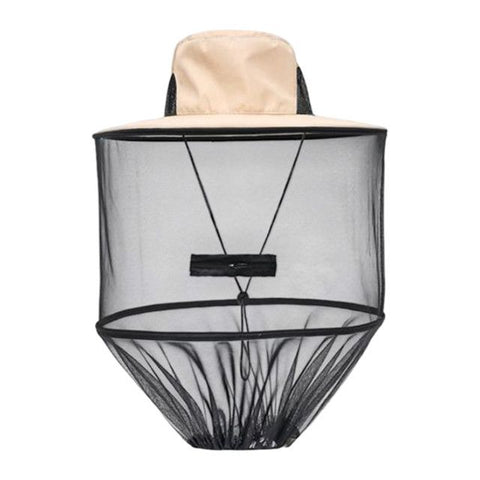 Beige Foldable Mosquito Net Fishing Hat with Storage Bag - Wide Brim Sun Shade and Adjustable Dense Mesh Face Veil, Outdoor Headwear for Angling & Leisure