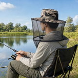 Beige Foldable Mosquito Net Fishing Hat with Storage Bag - Wide Brim Sun Shade and Adjustable Dense Mesh Face Veil, Outdoor Headwear for Angling & Leisure
