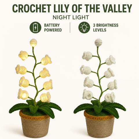 Beige Crochet Single Lily of the Valley Night Light - Handmade Cotton Yarn LED Potted Flower Warm Lamp, 3 Brightness Adjustment, Battery Operated Desk Decor & Creative Christmas Gift In Australia - Darrahopens