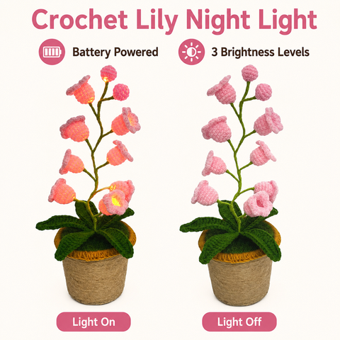 Pink Crochet Single Lily of the Valley Night Light - Handmade Cotton Yarn LED Potted Flower Warm Lamp, 3 Brightness Adjustment, Battery Operated Desk Decor & Creative Christmas Gift In Australia - Darrahopens