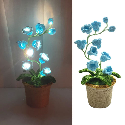 Blue Crochet Single Lily of the Valley Night Light - Handmade Cotton Yarn LED Potted Flower White Lamp, 3 Brightness Adjustment, Battery Operated Desk Decor & Creative Christmas Gift In Australia - Darrahopens