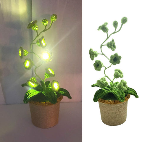 Green Crochet Single Lily of the Valley Night Light - Handmade Cotton Yarn LED Potted Flower White Lamp, 3 Brightness Adjustment, Battery Operated Desk Decor & Creative Christmas Gift In Australia - Darrahopens