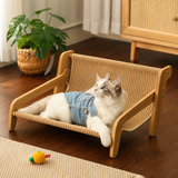 54 x 44 x 28CM Large Cat Scratcher Sofa Bed with Wooden Elevated Base - Breathable Cooling Rattan Woven Lounge and Durable Scratch Board for Indoor Cats and Furniture Protection In Australia - Darrahopens
