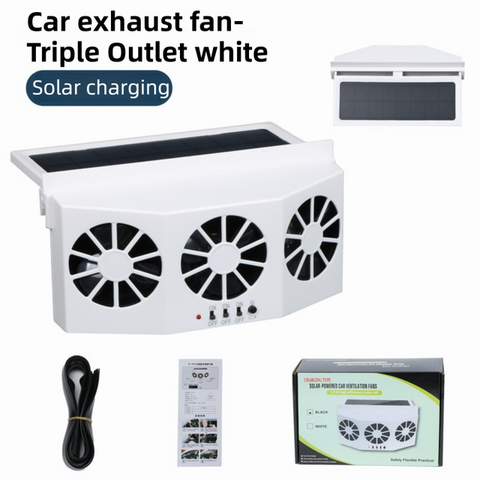 White Solar Rechargable Triple Outlet Car Window Ventilation and Exhaust Fan - 4500 RPM Air Circulation and Foldable Space Saving, Remove Heat Odors Smoke and Stale Air for Most Vehicles without Anti-Pinch Feature In Australia - Darrahopens