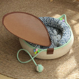 S Size Handwoven Natural Rattan Cat Bed and Scratcher - Washable Low-Mess Round Nest with Blue Removable Cushion, Pillow, Cooling Mat and Toy Ball for All-Season Indoor Rest In Australia - Darrahopens