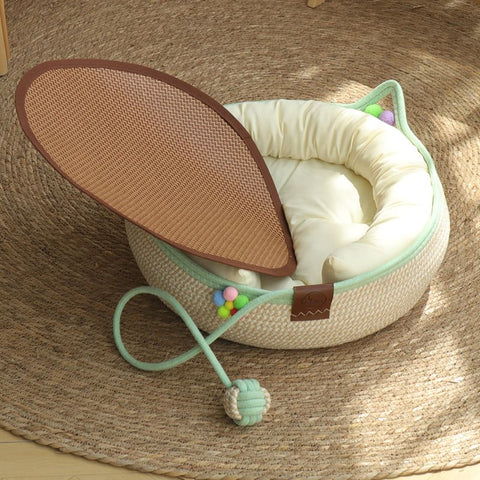 S Size Handwoven Natural Rattan Cat Bed and Scratcher - Washable Low-Mess Round Nest with White Removable Cushion, Pillow, Cooling Mat and Toy Ball for All-Season Indoor Rest In Australia - Darrahopens