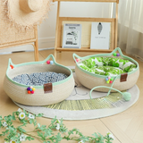 S Size Handwoven Natural Rattan Cat Bed and Scratcher - Washable Low-Mess Round Nest with White Removable Cushion, Pillow, Cooling Mat and Toy Ball for All-Season Indoor Rest In Australia - Darrahopens