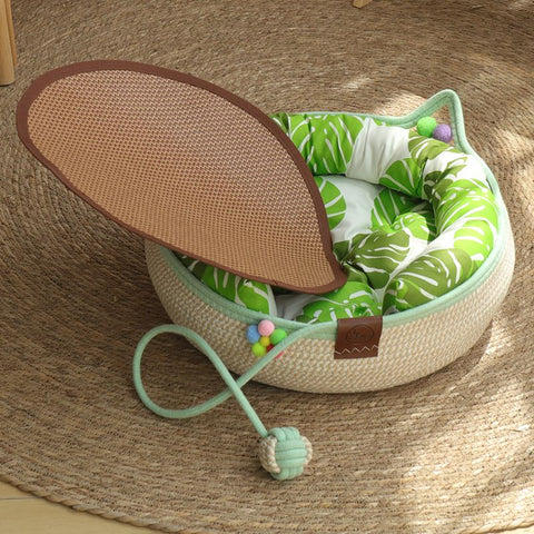 S Size Handwoven Natural Rattan Cat Bed and Scratcher - Washable Low-Mess Round Nest with Green Removable Cushion, Pillow, Cooling Mat and Toy Ball for All-Season Indoor Rest