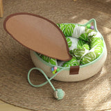 M Size Handwoven Natural Rattan Cat Bed and Scratcher - Washable Low-Mess Round Nest with Green Removable Cushion, Pillow, Cooling Mat and Toy Ball for All-Season Indoor Rest