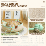 L Size Handwoven Natural Rattan Cat Bed and Scratcher - Washable Low-Mess Round Nest with Blue Removable Cushion, Pillow, Cooling Mat and Toy Ball for All-Season Indoor Rest