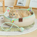 L Size Handwoven Natural Rattan Cat Bed and Scratcher - Washable Low-Mess Round Nest with Blue Removable Cushion, Pillow, Cooling Mat and Toy Ball for All-Season Indoor Rest