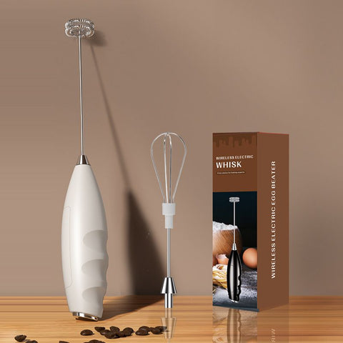 #07 White Handheld Electric Milk Frother - Battery Powered Dual Whisk with One Touch Control, Detachable Easy Clean Stainless Steel Heads for Coffee Milk Foam and Baking