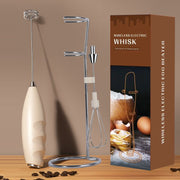 #07 Khaki Handheld Electric Milk Frother and Stand - Battery Powered Dual Whisk with One Touch Control, Detachable Easy Clean Stainless Steel Heads for Coffee Milk Foam and Baking