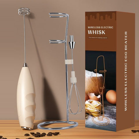 #07 Khaki Handheld Electric Milk Frother and Stand - Battery Powered Dual Whisk with One Touch Control, Detachable Easy Clean Stainless Steel Heads for Coffee Milk Foam and Baking