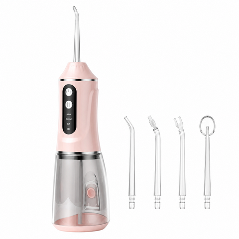 Pink Rechargeable Water Flosser Oral Irrigator with 3 Pressure Modes & 4 Nozzles - 380ml Detachable Tank, Type-C Charging, 0.6MM Fine Water Flow and 1600 Pulses Per Minute