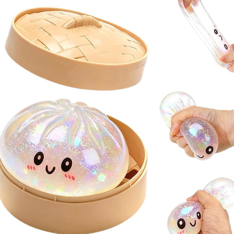 Realistic Steamed Bun Squishy Stress Relief Toy with Steamer Basket - Pearl White Glitter TPR Slow Rebound Squeeze Fidget for Adults