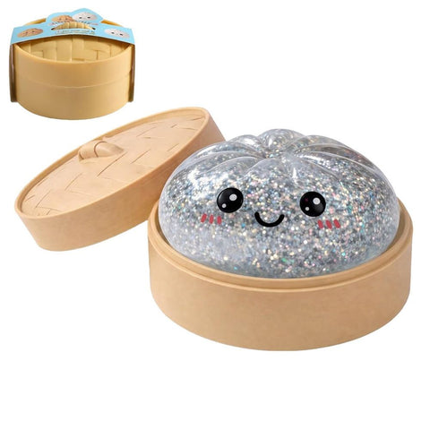 Realistic Steamed Bun Squishy Stress Relief Toy with Steamer Basket - Silver Glitter TPR Slow Rebound Squeeze Fidget for Adults In Australia - Darrahopens