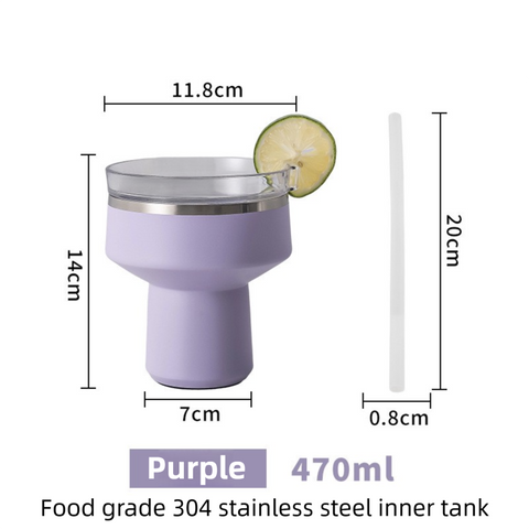 Purple 470ML Stainless Steel Martini Tumbler Cup with 360°Salt & Sip Lid, Internal Markers and Straw - Double Wall Vacuum Insulated Drink Cup for Coffee Cocktails Cold Drinks and Outdoor Use