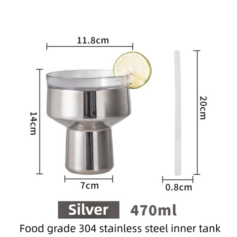Silver 470ML Stainless Steel Martini Tumbler Cup with 360°Salt & Sip Lid, Internal Markers and Straw - Double Wall Vacuum Insulated Drink Cup for Coffee Cocktails Cold Drinks and Outdoor Use