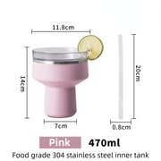 Pink 470ML Stainless Steel Martini Tumbler Cup with 360°Salt & Sip Lid, Internal Markers and Straw - Double Wall Vacuum Insulated Drink Cup for Coffee Cocktails Cold Drinks and Outdoor Use