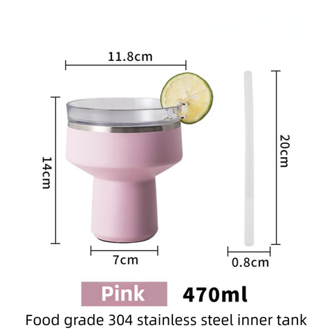 Pink 470ML Stainless Steel Martini Tumbler Cup with 360°Salt & Sip Lid, Internal Markers and Straw - Double Wall Vacuum Insulated Drink Cup for Coffee Cocktails Cold Drinks and Outdoor Use