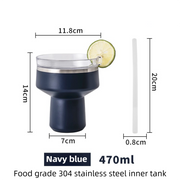 Navy Blue 470ML Stainless Steel Martini Tumbler Cup with 360°Salt & Sip Lid, Internal Markers and Straw - Double Wall Vacuum Insulated Drink Cup for Coffee Cocktails Cold Drinks and Outdoor Use