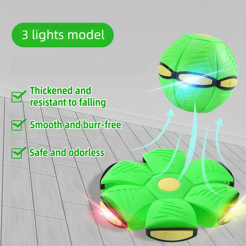 Green LED Transforming Flying Disc Ball Toy with Music & 3 Light - Soft EVA Bounce Ball and Frisbee Shape Switchable Outdoor Interactive Soccer Toy for Exercise and Fun