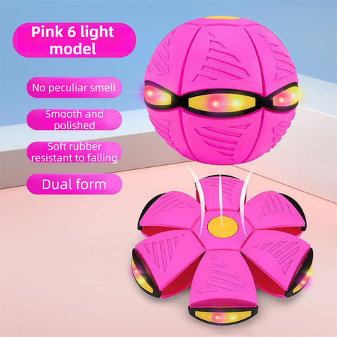 Pink LED Transforming Flying Disc Ball Toy with Music & 6 Light - Soft EVA Bounce Ball and Frisbee Shape Switchable Outdoor Interactive Soccer Toy for Exercise and Fun