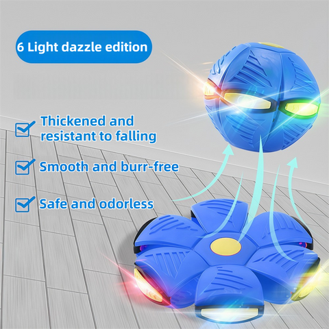 Blue LED Transforming Flying Disc Ball Toy with Music & 6 Light - Soft EVA Bounce Ball and Frisbee Shape Switchable Outdoor Interactive Soccer Toy for Exercise and Fun