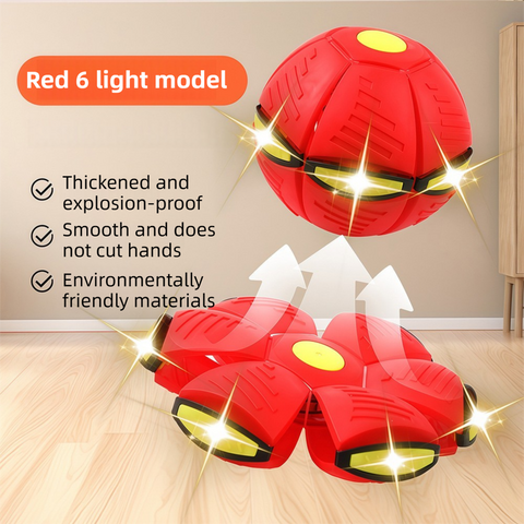 Red LED Transforming Flying Disc Ball Toy with Music & 6 Light - Soft EVA Bounce Ball and Frisbee Shape Switchable Outdoor Interactive Soccer Toy for Exercise and Fun