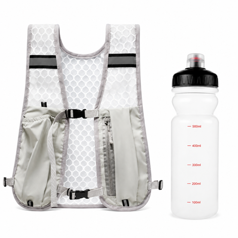 Grey Lightweight Running Hydration Vest Backpack + 500ML Water Bottle - Breathable Mesh Reflective Sports Pack with 4 Straps, Cup / Phone Holder and Back Zipper Pocket for Marathon Hiking Cycling Trail Running