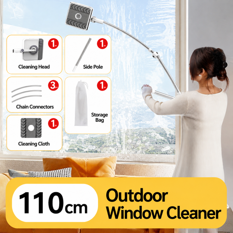 Lightweight Interior & Exterior Window Cleaner with 110cm Extendable Aluminium Pole & Cleaning Pad - 2-in-1 360° Rotating Microfibre Scrubber and Squeegee for Most Household High Rise Windows