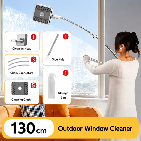 Lightweight Interior & Exterior Window Cleaner with 130CM Extendable Aluminium Pole & 5 Cleaning Pad - 2-in-1 360° Rotating Microfibre Scrubber and Squeegee for Most Household High Rise Windows