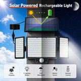 210 LED Outdoor Wall Light Integrated Solar Panel and 3 Sensor Modes, 3 Head Adjustable LED Security Light, IP65 All Weather Waterproof Remote Control Garden Lamp