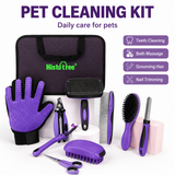 Pet Grooming & Cleaning Kit 9 Piece Set with Shedding Brush, Steel Comb + Scissors, Nail Clippers + File, Bath Brush + Massage Glove, 3 Head Toothbrush and Storage Bag for Dog & Cat