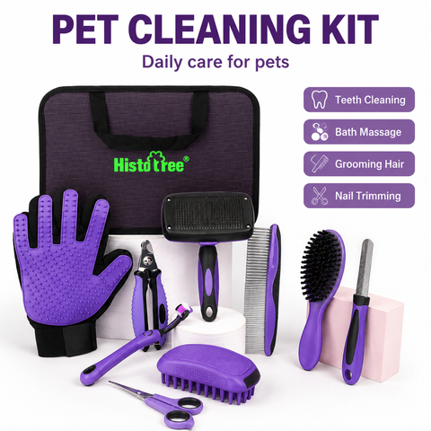 Pet Grooming & Cleaning Kit 9 Piece Set with Shedding Brush, Steel Comb + Scissors, Nail Clippers + File, Bath Brush + Massage Glove, 3 Head Toothbrush and Storage Bag for Dog & Cat