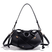 Handwoven PU Leather Drawstring Shoulder Crossbody Bag, Large Capacity Stylish Commuter Handbag with Structured Shape & Alloy Deco, Black 29x10x15.5cm In Australia - Darrahopens