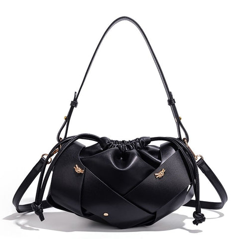 Handwoven PU Leather Drawstring Shoulder Crossbody Bag, Large Capacity Stylish Commuter Handbag with Structured Shape & Alloy Deco, Black 29x10x15.5cm In Australia - Darrahopens