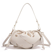 Handwoven PU Leather Drawstring Shoulder Crossbody Bag, Large Capacity Stylish Commuter Handbag with Structured Shape & Alloy Deco, White 29x10x15.5cm
