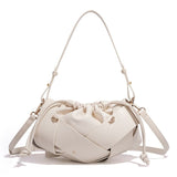 Handwoven PU Leather Drawstring Shoulder Crossbody Bag, Large Capacity Stylish Commuter Handbag with Structured Shape & Alloy Deco, White 29x10x15.5cm