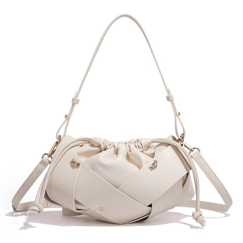 Handwoven PU Leather Drawstring Shoulder Crossbody Bag, Large Capacity Stylish Commuter Handbag with Structured Shape & Alloy Deco, White 29x10x15.5cm