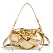 Handwoven PU Leather Drawstring Shoulder Crossbody Bag, Large Capacity Stylish Commuter Handbag with Structured Shape & Alloy Deco, Gold 29x10x15.5cm In Australia - Darrahopens