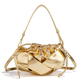 Handwoven PU Leather Drawstring Shoulder Crossbody Bag, Large Capacity Stylish Commuter Handbag with Structured Shape & Alloy Deco, Gold 29x10x15.5cm In Australia - Darrahopens