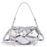 Handwoven PU Leather Drawstring Shoulder Crossbody Bag, Large Capacity Stylish Commuter Handbag with Structured Shape & Alloy Deco, Silver 29x10x15.5cm