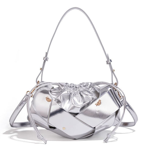 Handwoven PU Leather Drawstring Shoulder Crossbody Bag, Large Capacity Stylish Commuter Handbag with Structured Shape & Alloy Deco, Silver 29x10x15.5cm