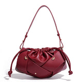 Handwoven PU Leather Drawstring Shoulder Crossbody Bag, Large Capacity Stylish Commuter Handbag with Structured Shape & Alloy Deco, Wine Red 29x10x15.5cm In Australia - Darrahopens