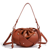Handwoven PU Leather Drawstring Shoulder Crossbody Bag, Large Capacity Stylish Commuter Handbag with Structured Shape & Alloy Deco, Brown 29x10x15.5cm In Australia - Darrahopens